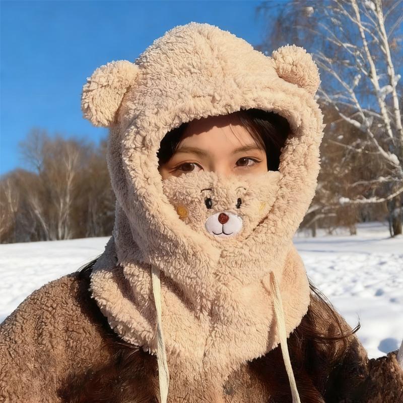 Adorable Animal Plush Hat Scarf One Piece Set for Women Korean Style Winter Fashion with Cozy Fleece Hooded Mask for Outdoors
