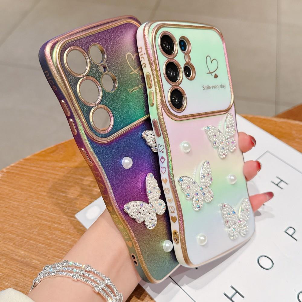 Love Pearl Butterfly Phone Cover For Samsung Galaxy S22 S23 S24 S25 Ultra Plus S24 FE S23FE S25 Edge 5G Case Shockproof  Coque