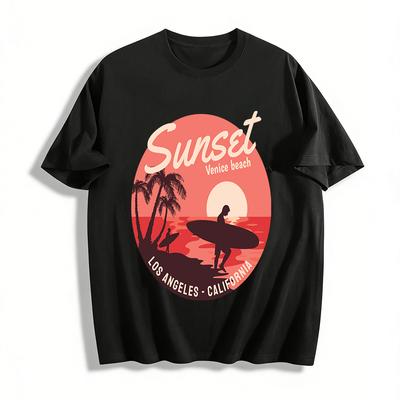 Venice Beach Sunset Surf Print Casual Short Sleeve T-Shirt Pure Cotton T-shirt