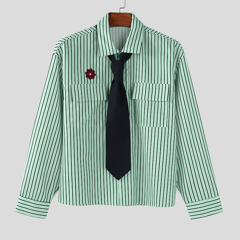 INCERUN Oversized College Style Men Turn-down Collar Tie Long Sleeve Striped Casual Shirts