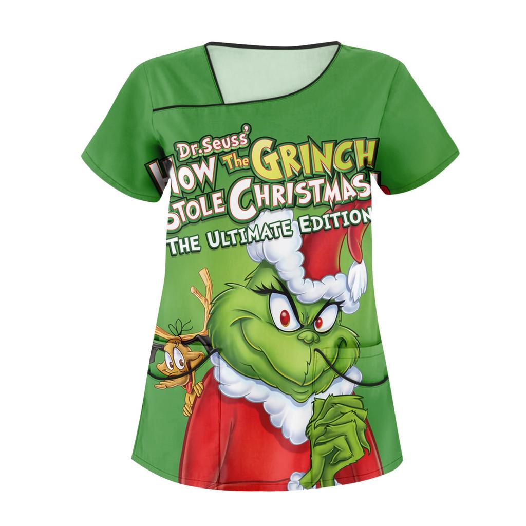 Women's Fashion Christmas Print Uniform Overalls Slanted Collar Double Pocket T-Shirt Short Sleeve Top