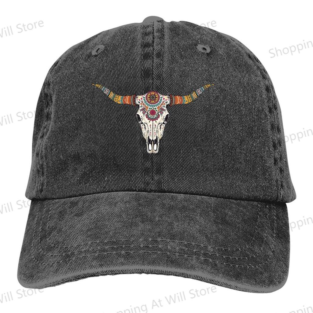 Boho Cow Skull Dad Hat Washed Mens Baseball Cap for Men Women Caps