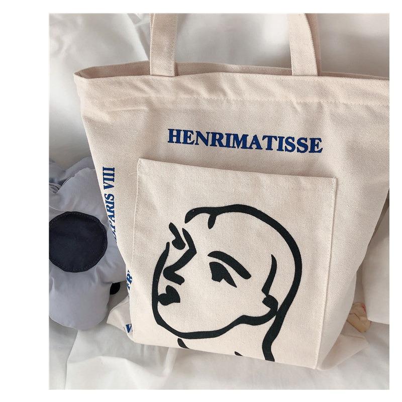 Simple female avatar printed canvas bag shoulder bag outer pocket cloth bag commute