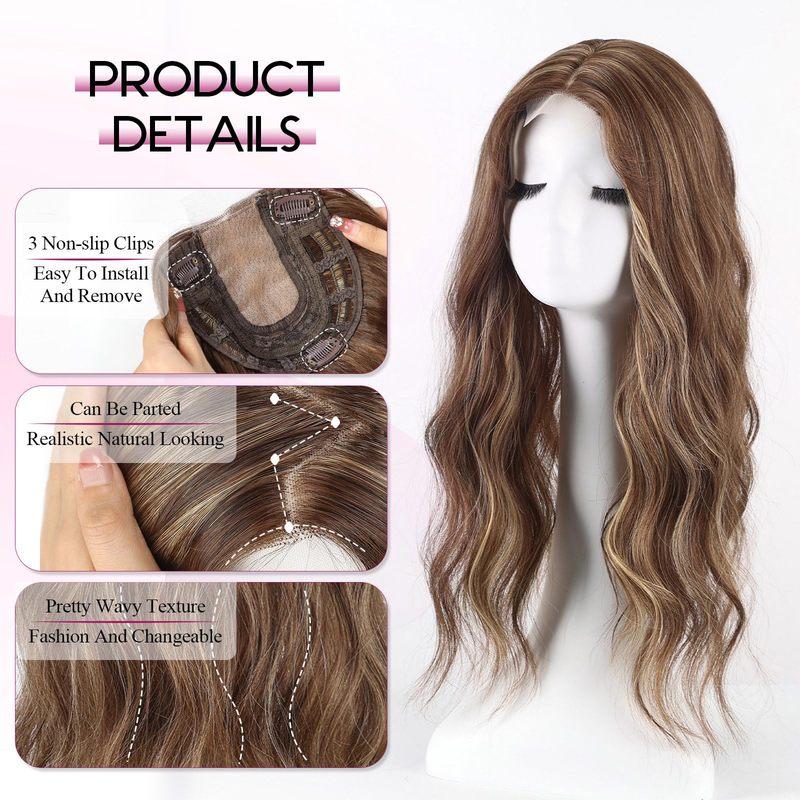 20 Inch Natural Brown Synthetic Hair Toppers Long Wavy Hairpieces for Women 6" ×6" Large Base Lace Front Hair Topper Clips In