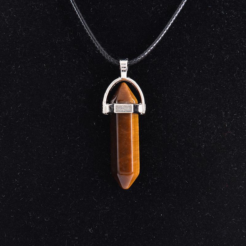 New Hexagonal Column Natural Stone Choker Necklaces Vintage Pink Purple Crystal Pendent Necklace for Women Leather Chain Jewelry
