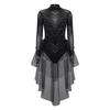 Ladies Ice Skating Dancewear Rhinestone Embellished Long Sleeve Backless Leotard with Tiered Tulle Ruffled Skirt Jumpsuit for Competition