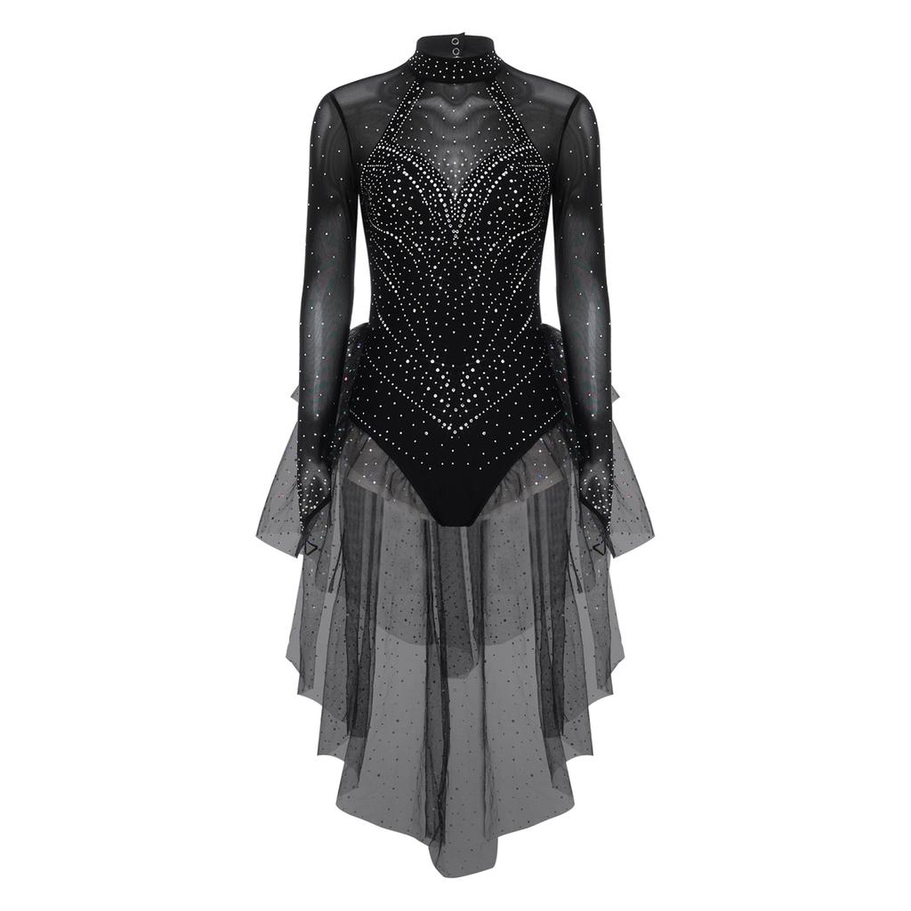Ladies Ice Skating Dancewear Rhinestone Embellished Long Sleeve Backless Leotard with Tiered Tulle Ruffled Skirt Jumpsuit for Competition