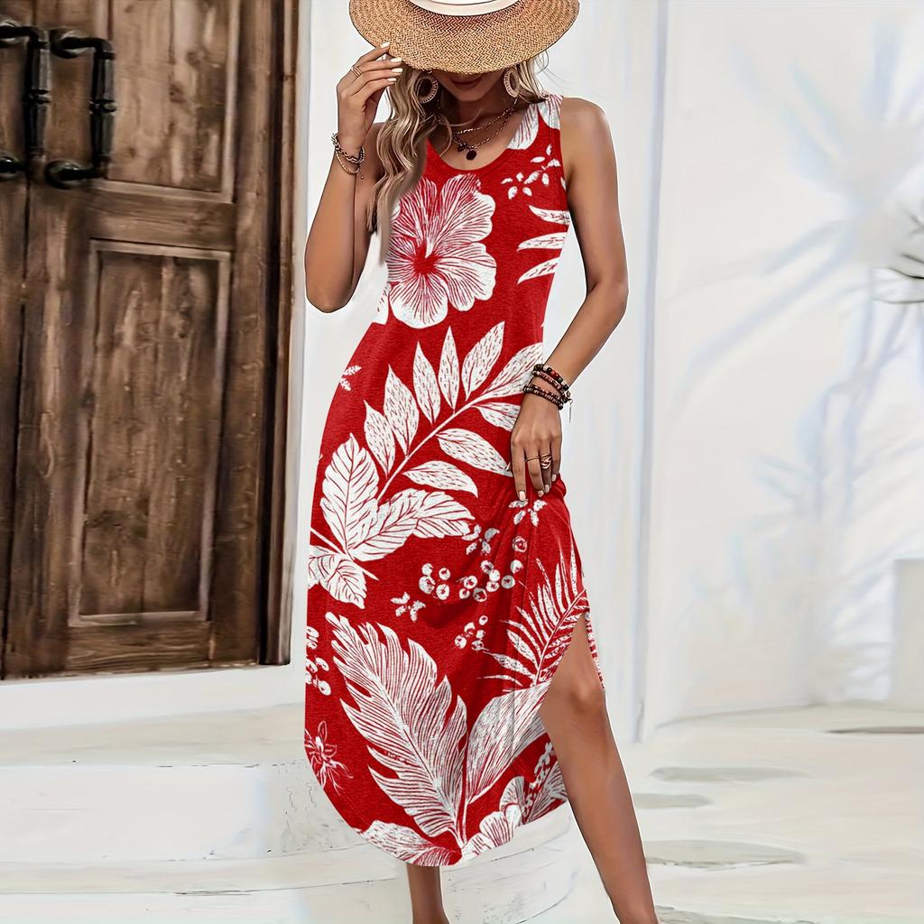 Women Sleeveless Maxi Dress Casual Loose Fit Summer Beachwear Hawaiian Print Long Dress with Side Slit for Daily Wear