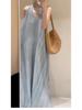 Elegant Summer Plus Size V-neck Maxi Halter Dress for Women - Resort Style with Slimming Ribbon Accents