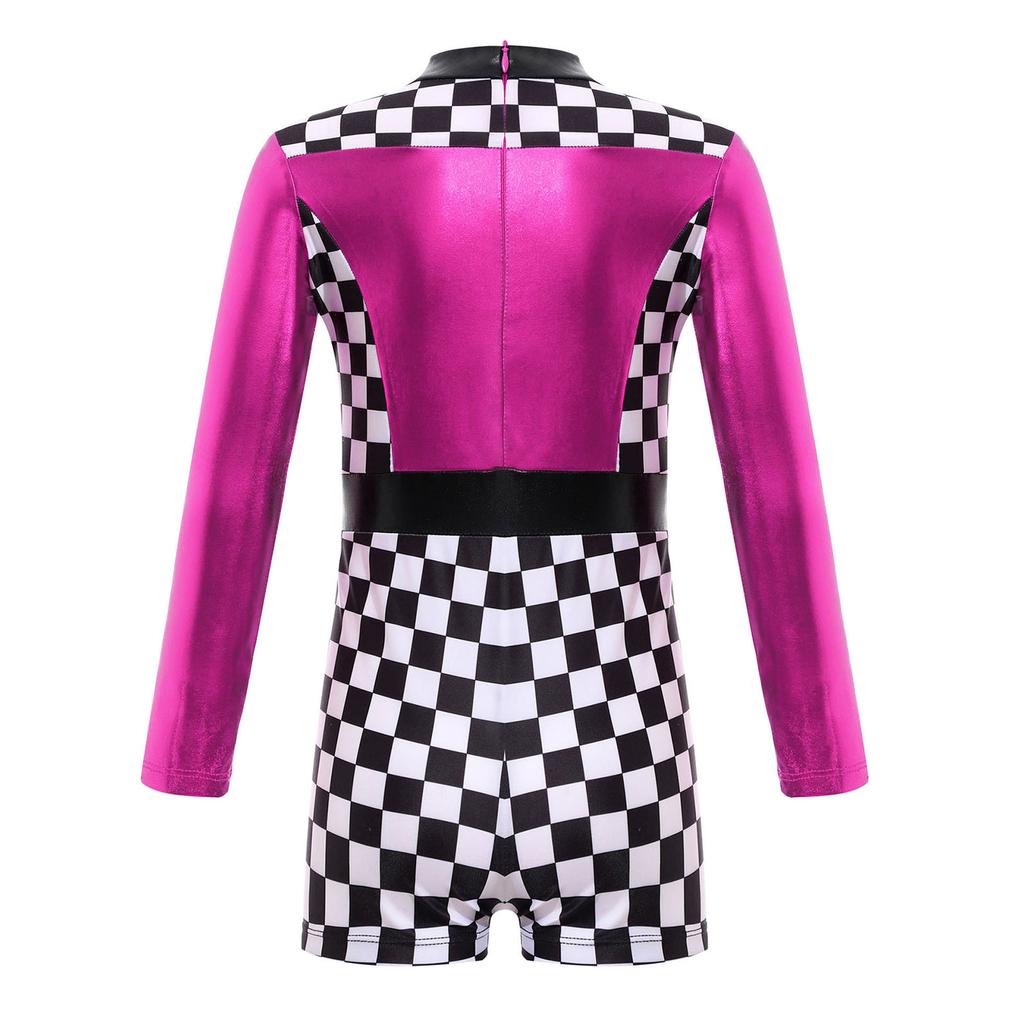 Girls Race Car Racer Costume Long Sleeve Checkerboard Print Back Zipper Short Jumpsuit Cosplay Costume
