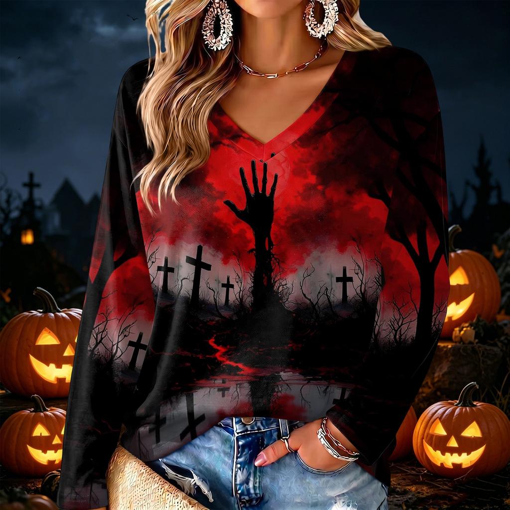 Women's V-Neck Long Sleeve Lightweight Print Top for Parties and Daily Wear