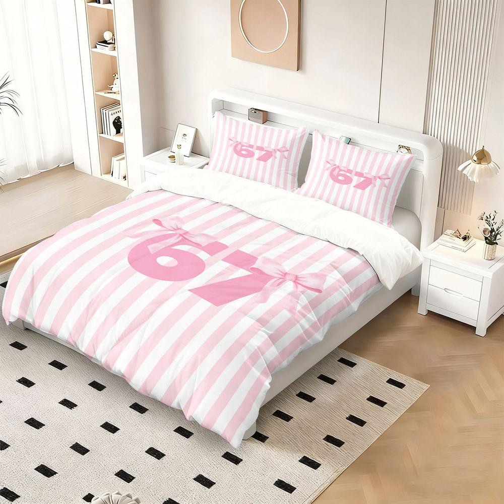 Cute Pink Bows Number 67 Print Duvet Cover Set (1 Duvet Cover & 1/2 Pillowcase) Soft Pastel Aesthetic Bedding Set for Girls Room