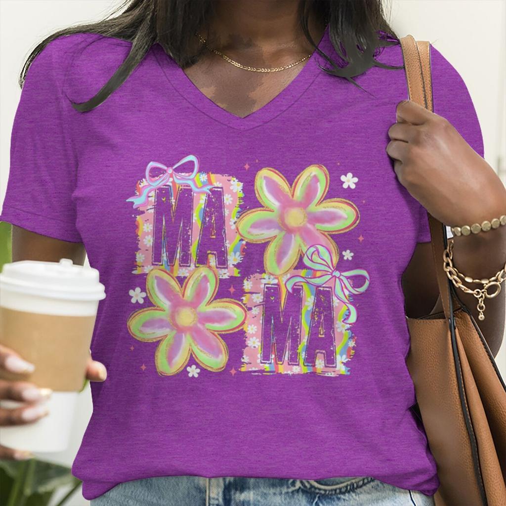 Vintage Flower Mama T-Shirt V-neck Design Funny Gift for Mama Trendy Women Clothing Mother's Day Fashion Tops Soft Tee