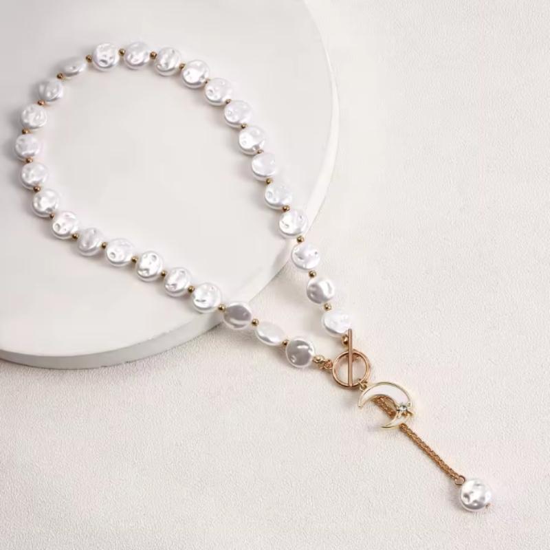 1pc Fashion String Imitation Pearl Moon Disc Pendant Necklace, Suitable for Women's Daily Party  Gifts