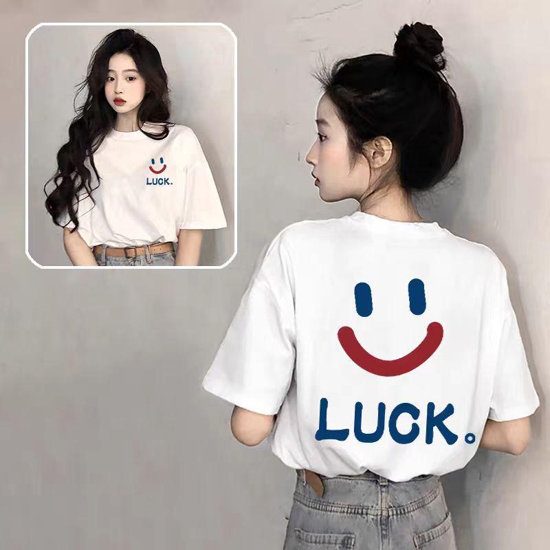 Women's Crew Neck Short Sleeve Oversized Tee Loose Fit Casual Cotton Top Front Back LUCK Smiley Face Letter Print Summer Tunic