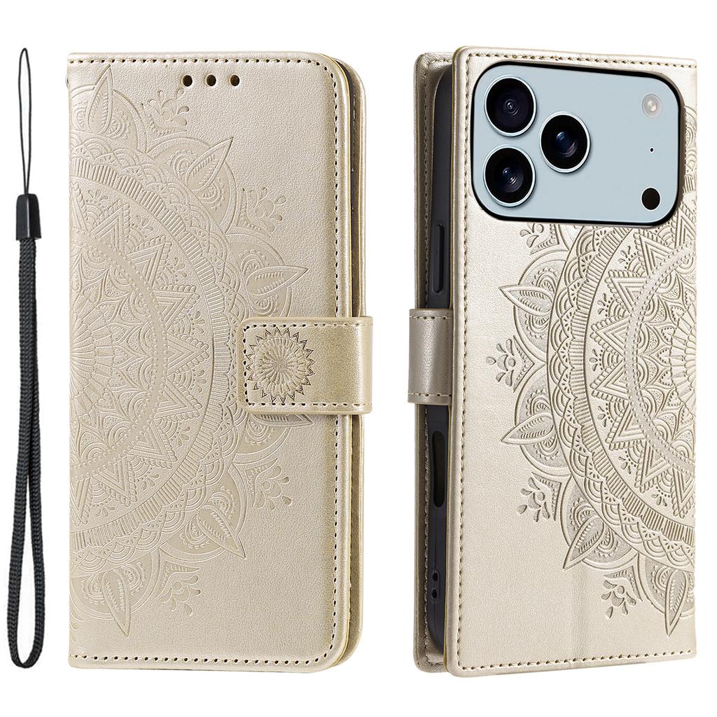 For iPhone 17 Pro Max Stand Case Imprinted Totem PU Leather Wallet Phone Cover with Wrist Strap