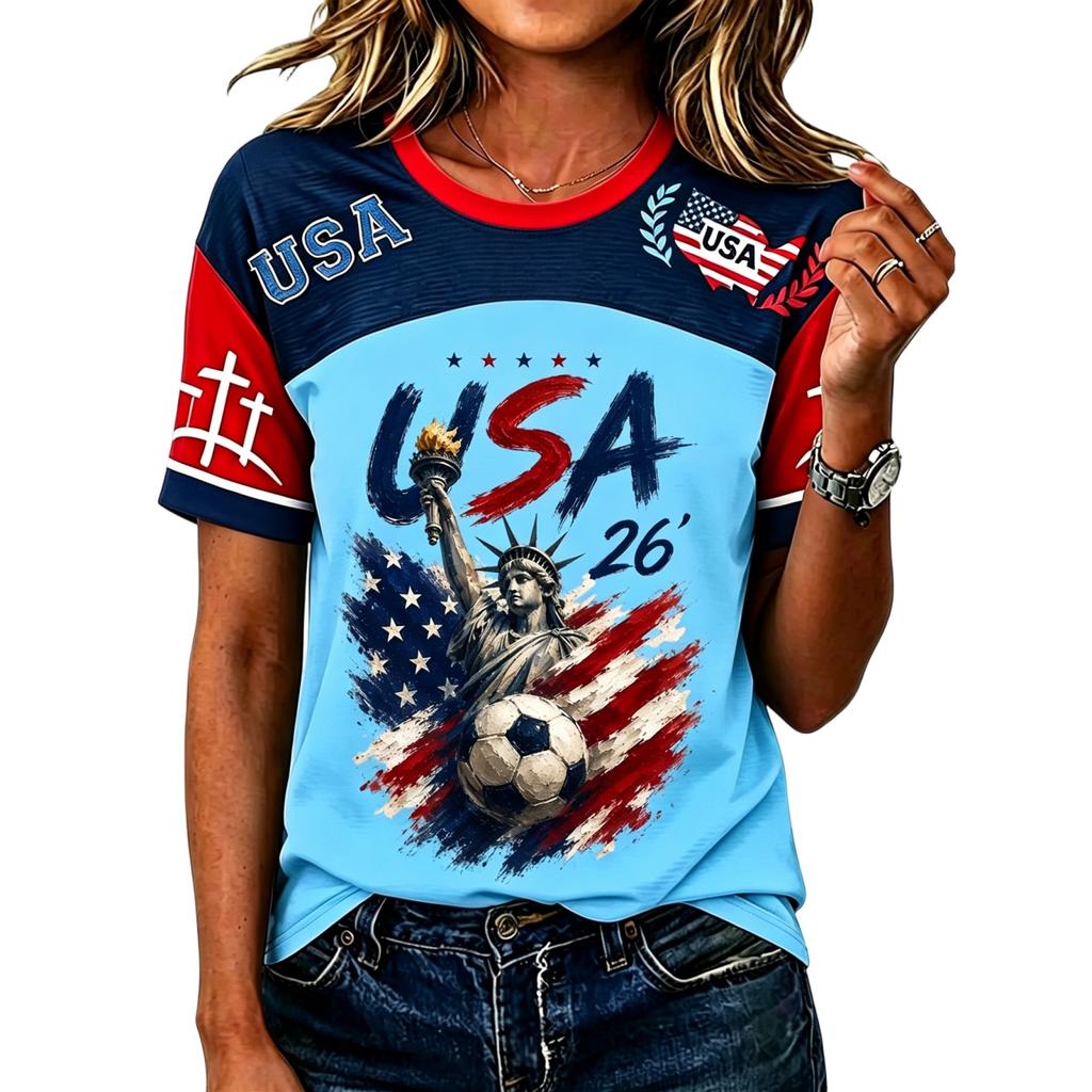 Women’s Casual Short Sleeve Pullover Crewneck Top with Soccer Graphic and USA Letter Print for Everyday Wear