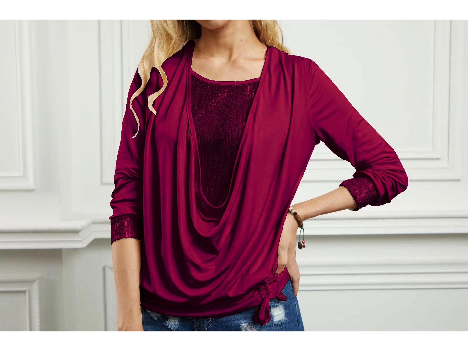 

Весна 2025 Женский топ с пайетками в стиле колор-блок, с большим драпированным воротником и присборенными длинными рукавами Large