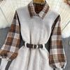 Autumn/winter Fashion Suit Western Style Plaid Shirt + Sweater Vest Knit Two-piece Set