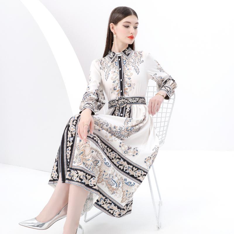 Spring Summer Women Brand Designer Vintage Palace Print Single Breasted Ankle Length Party Shirt Dresses with Belt