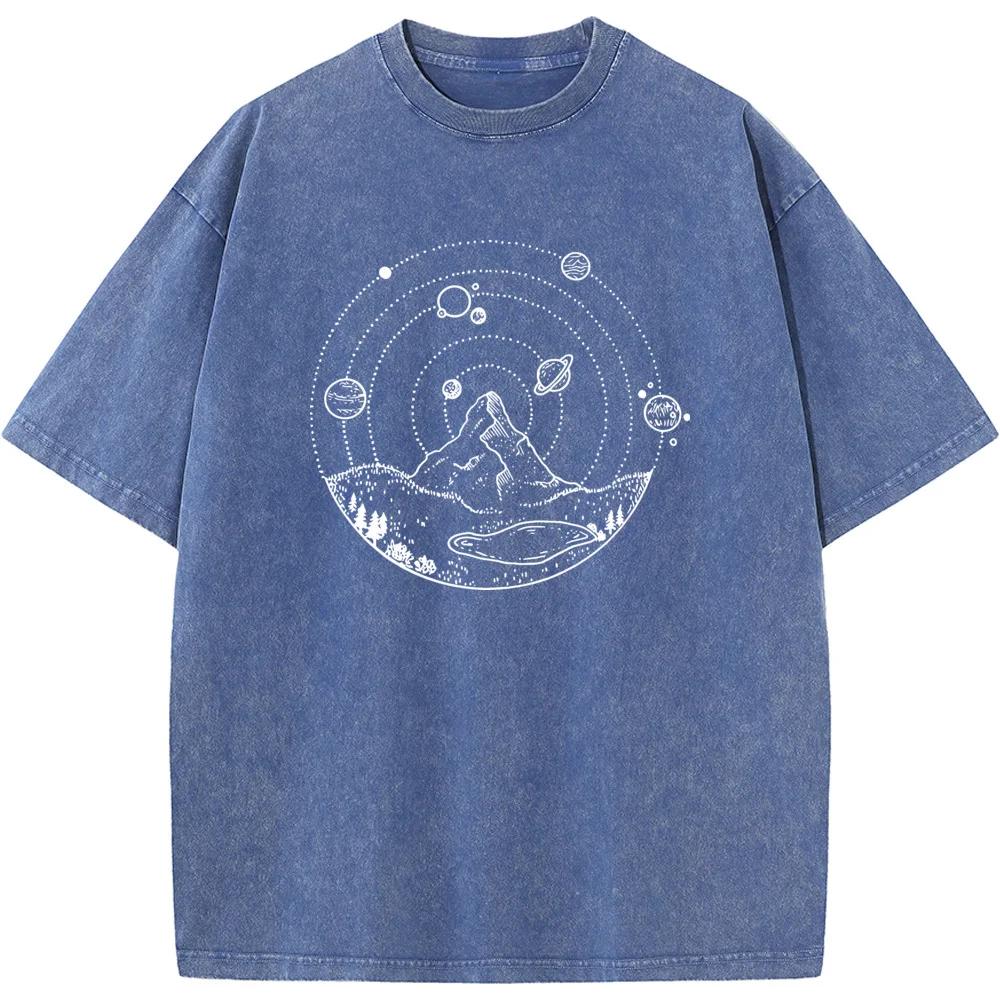 Mountain Print Unisex Washed T-Shirt Novelty Summer Bleached Tshirt Funny Casual Loose Bleach Tops Tee