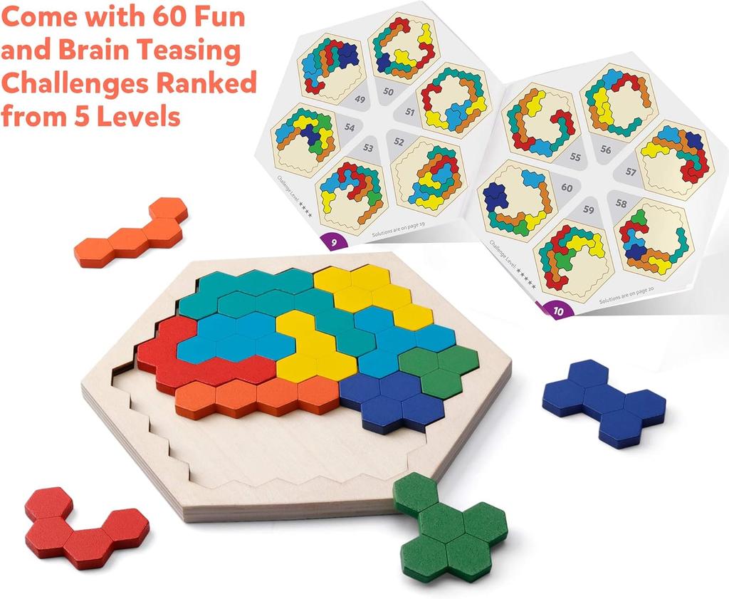 Coogam Wooden Hexagon Puzzle - Shape Block Tangram Thinking Task Toy Geometry Logic IQ Game STEM Montessori Educational Gift for All Ages Challenge