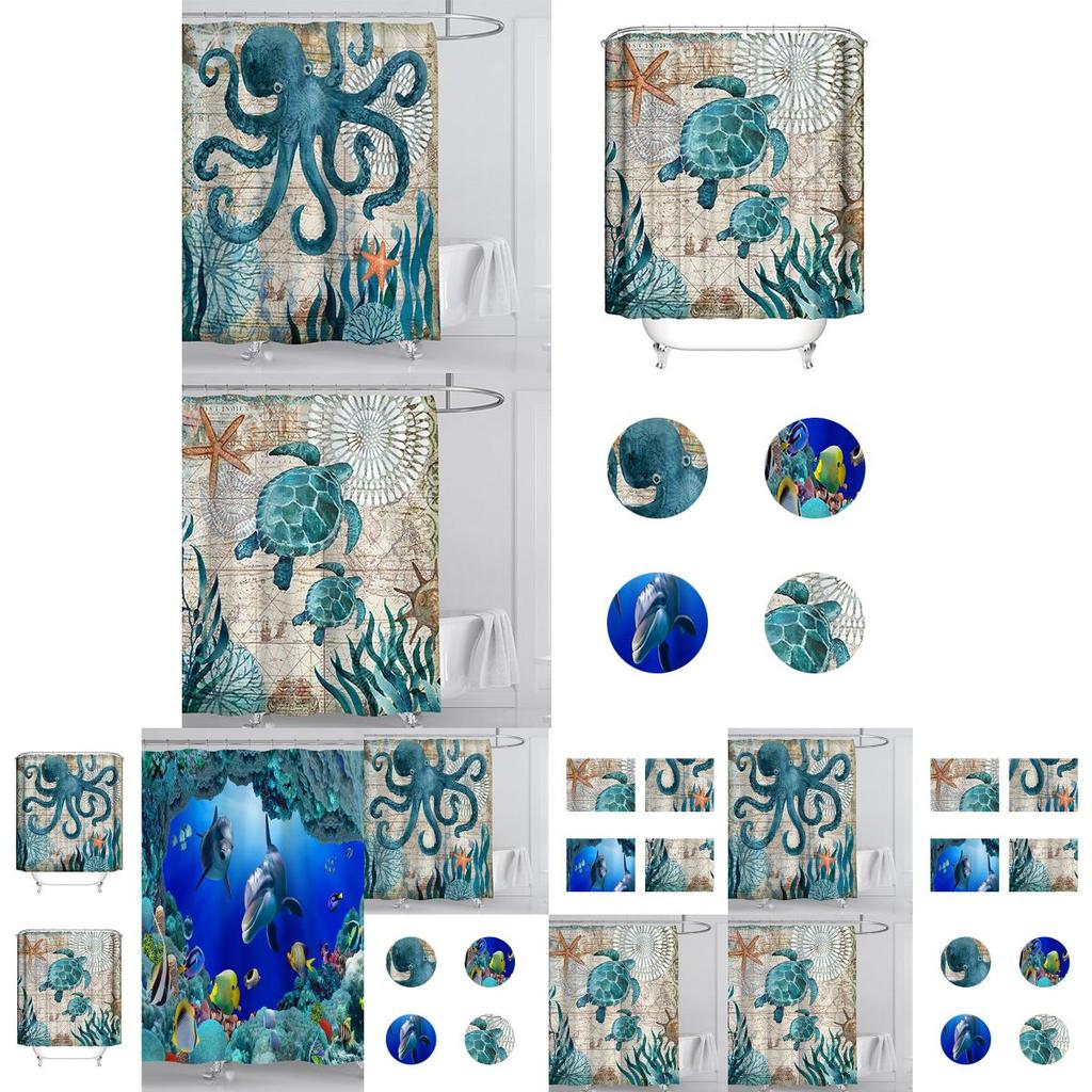 Fun And Stylish Bathroom Essential With Washable Turtle Octopus Shower Curtain And 12 Easy-install Hooks