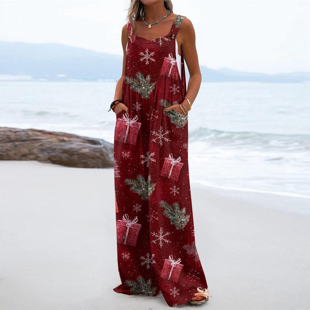 Women's Christmas Print Solid Wide Leg Strapless Tank Pocket Casual Onesie