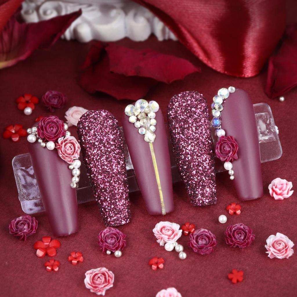 Valentine's Day Mixed Color Center Small Rose Nail Decoration Accessories, Red Acrylic Small Flower Silver Beads for Making Charming Nail Products