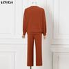 VONDA Spring Autumn Women Outfits Long Sleeve Rib Blouse and Pants Two Piece Knitted Suits