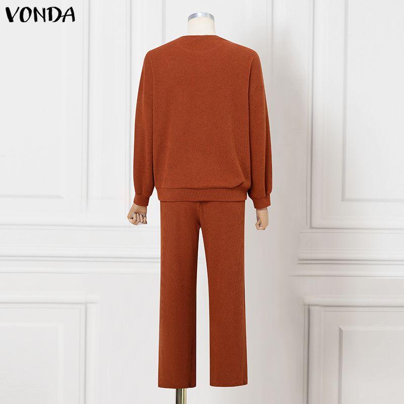 VONDA Spring Autumn Women Outfits Long Sleeve Rib Blouse and Pants Two Piece Knitted Suits