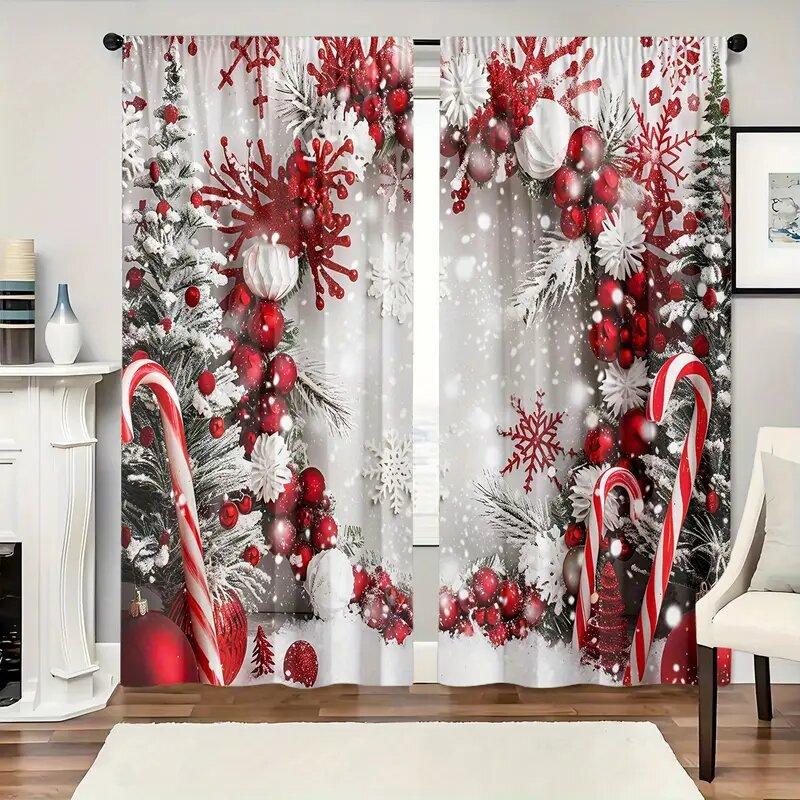 

2 Pcs Christmas decorative print curtains,suitable for bedroom,living room kitchen decoration,home decoration,window decoration 14Wx39L(35x100CM)x2&Rod Pocket
