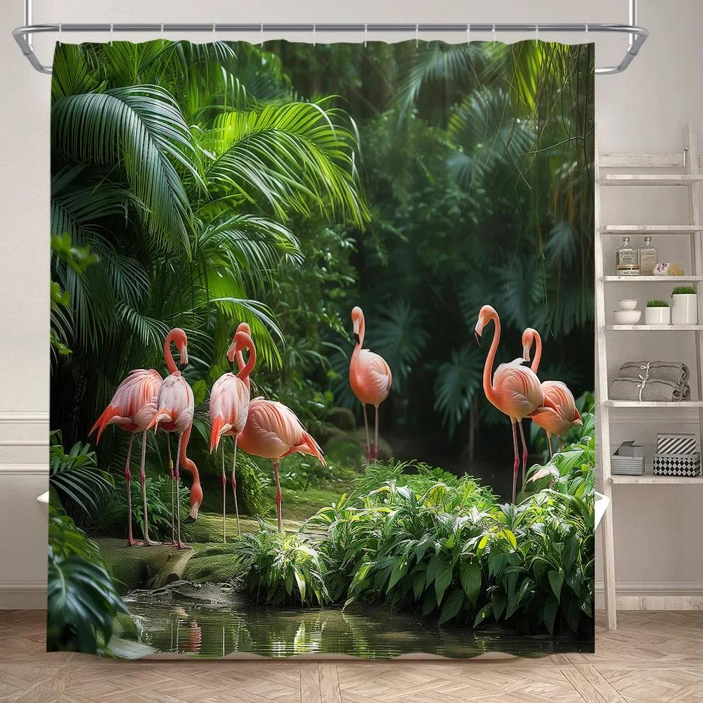 Tropical Jungle Flamingo Shower Curtains Animals Lake Lotus Flowers Palm Tree Plant Forest Scenery Fabric Bathroom Curtain Decor