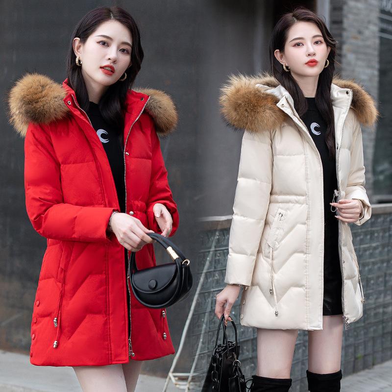 

80% пуховик с воротником из натурального меха, модный тренд средней длины, универсальный женский большой размер со съемным большим меховым воротником