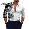 Office Shirt Men Gradient 3D Printed Long Sleeve Turndown Collar Male Slim Fit Temperament Button Down Clothing