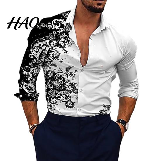 Office Shirt Men Gradient 3D Printed Long Sleeve Turndown Collar Male Slim Fit Temperament Button Down Clothing
