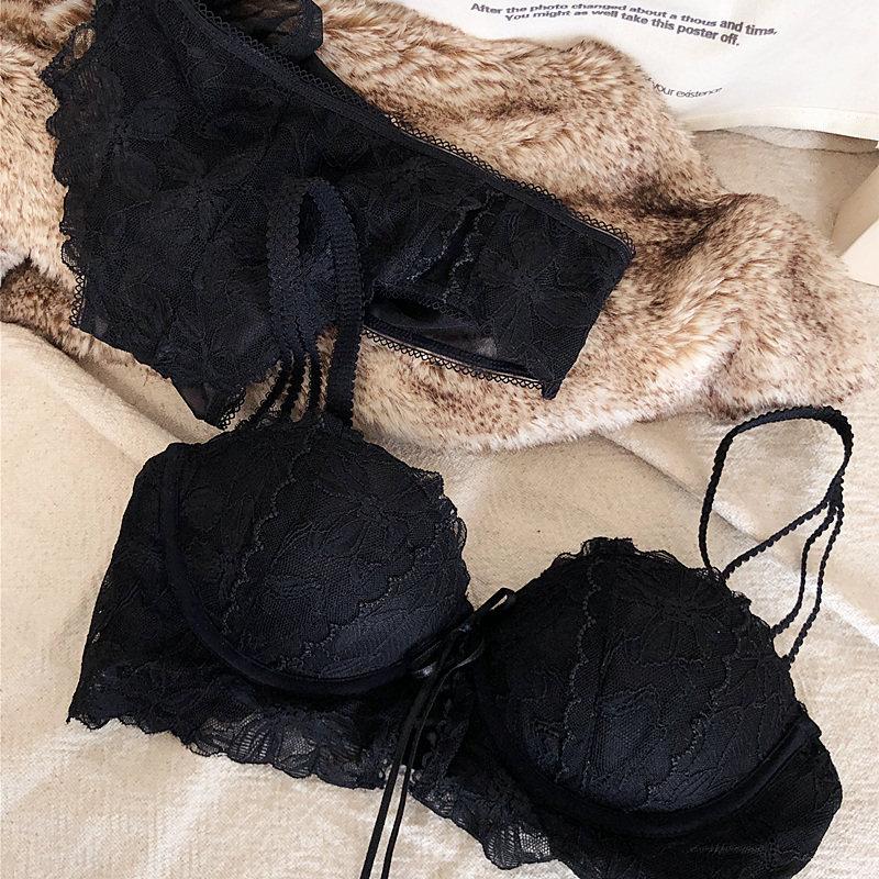 Sexy 1/2 Cup Push Up Bra Set Women Lace Flowers Embroidery Underwear Wire Free Thickened Cup Romantic Detachable Strap Lingerie