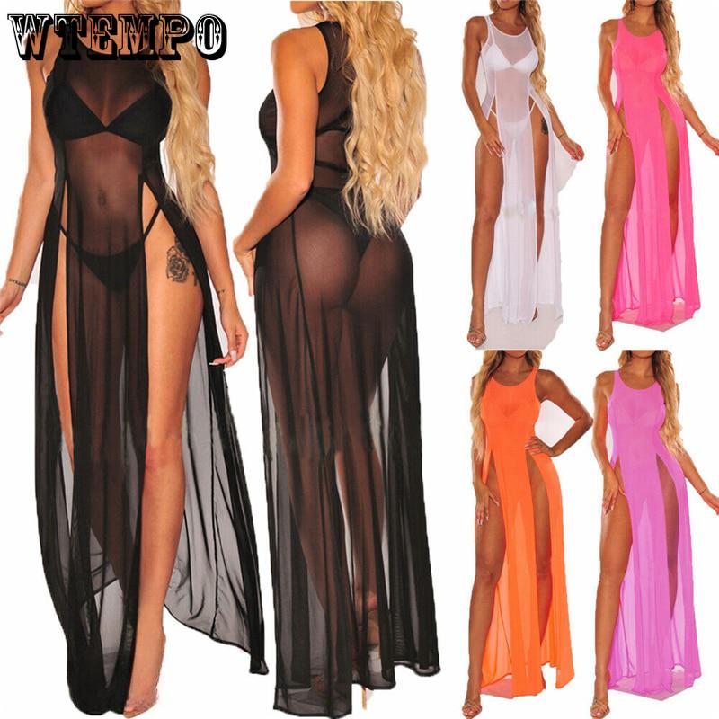 Women Mesh Sheer Bikini Cover Up Elegant Transparent Plus Size Corseted Maxi Dress with Split Beach Dress Swimwear Beachwear