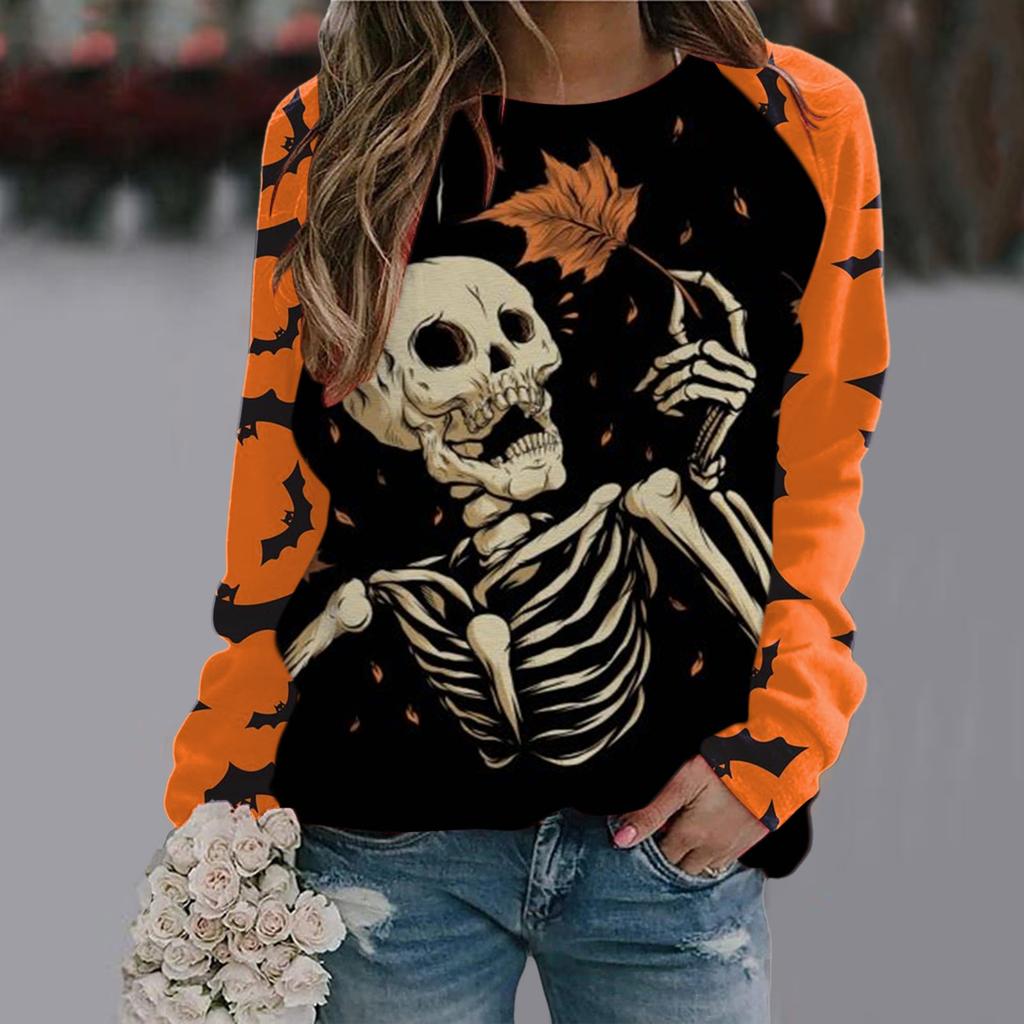 Spring and Autumn Round Neck Halloween 3D Printed Top Fashionable Casual Long Sleeved Women's T-shirts
