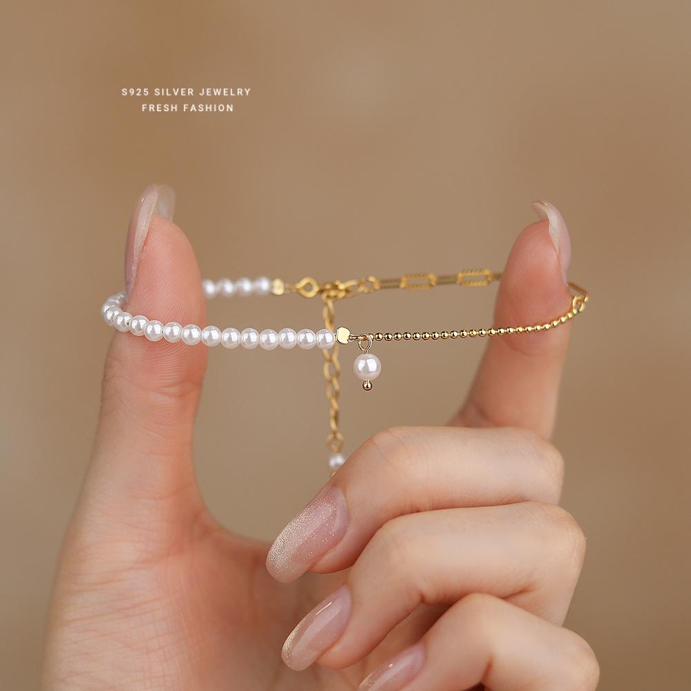 

925 Sterling Silver French Luxury Shell Pearl Bracelet for Women, Fashionable Design Plating 18K Bracelet