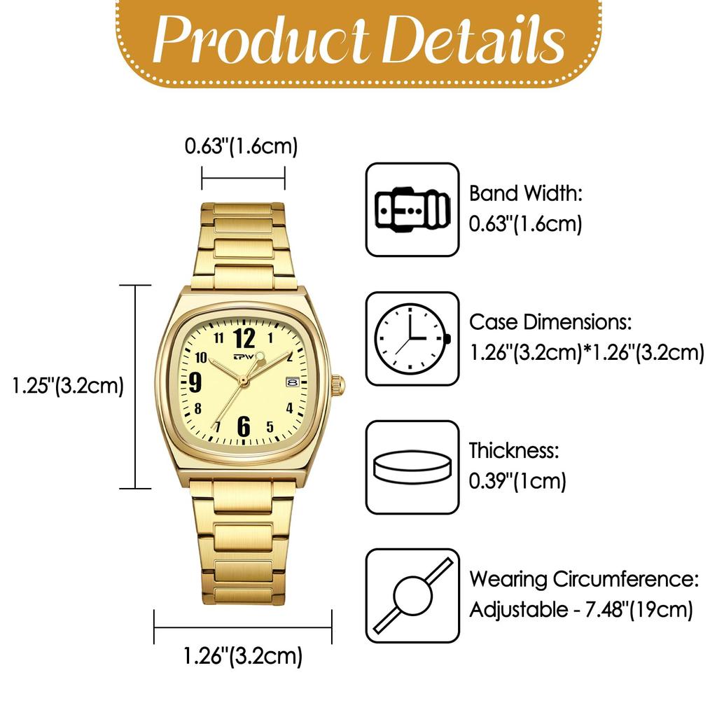 Square stainless steel small watch for daily date calendar mini gift for Mothers Day Gold women stylish, waterproof, rainproof, waterproof, display,