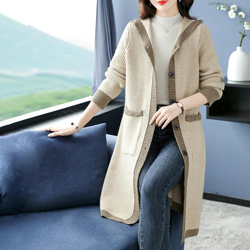 Knitted Hooded Cardigan Jacket for Women Loose and Thick Long Sweater Coat Over The Knee Cardigan for Women