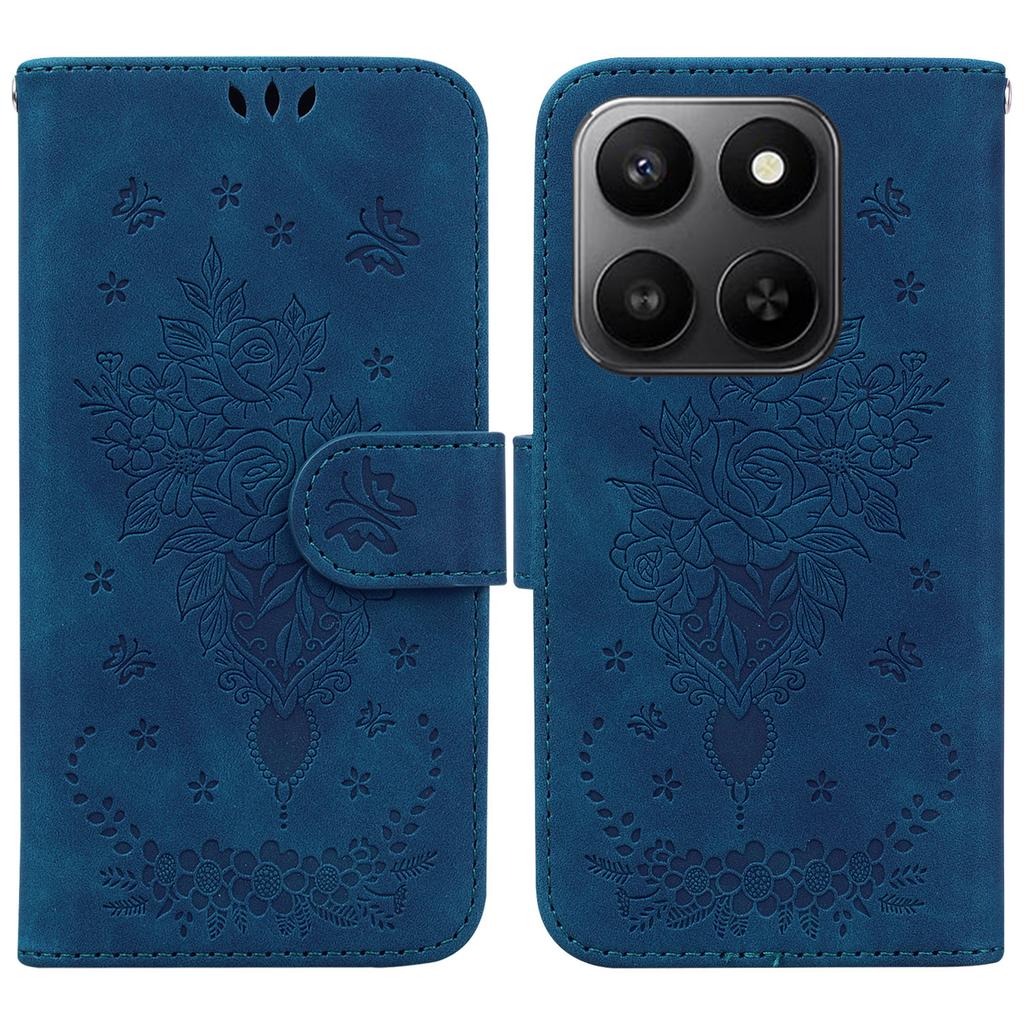 For Honor 400 Smart 5G/4G/X7d 4G Case Butterfly Flower Imprint PU Leather Wallet Phone Cover with Strap