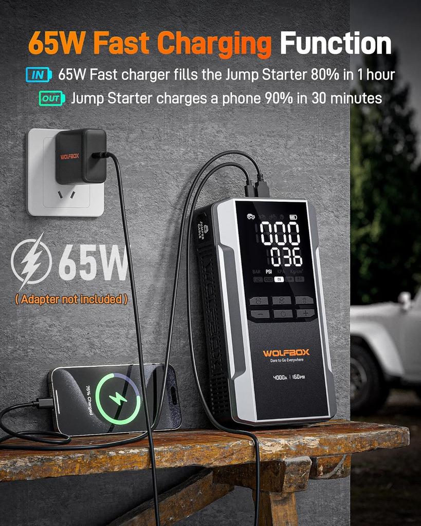 4000A Jump Starter with 160PSI Air Compressor, 12V Battery Booster, 65W Fast Charge, 24000mAh Portable Inflator, LED Display for