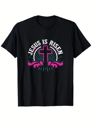 Aster Limited Jesus Is Risen Christian Religious TShirt  Black Cotton Tee with Cross Easter Christmas Church Apparel Mens