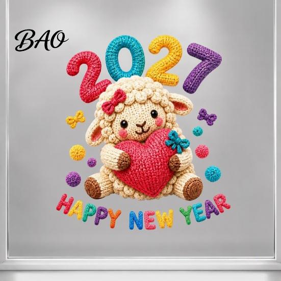 Holiday Storefront Glass Adhesives Chinese New Year Window Stickers, 2027 Goat Static Clings, Cute Removable PVC Stickers Crochet Knit Sheep