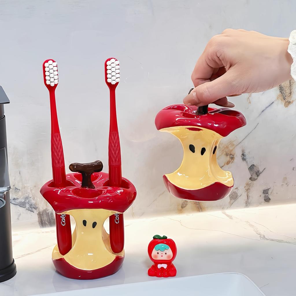 Original Design Fun Apple Core Ceramic Toothbrush Holder -Whimsical Red Yellow Bathroom Decor,Freestanding No Electricity Countertop Organizer