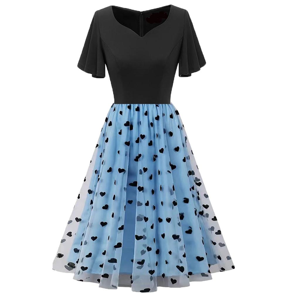 Damen Sommerkleider Mesh Flauschig Bedruckte Stickerei Retro Palast Stil Swing Midikleid Urlaub Party Lässige Oberbekleidung