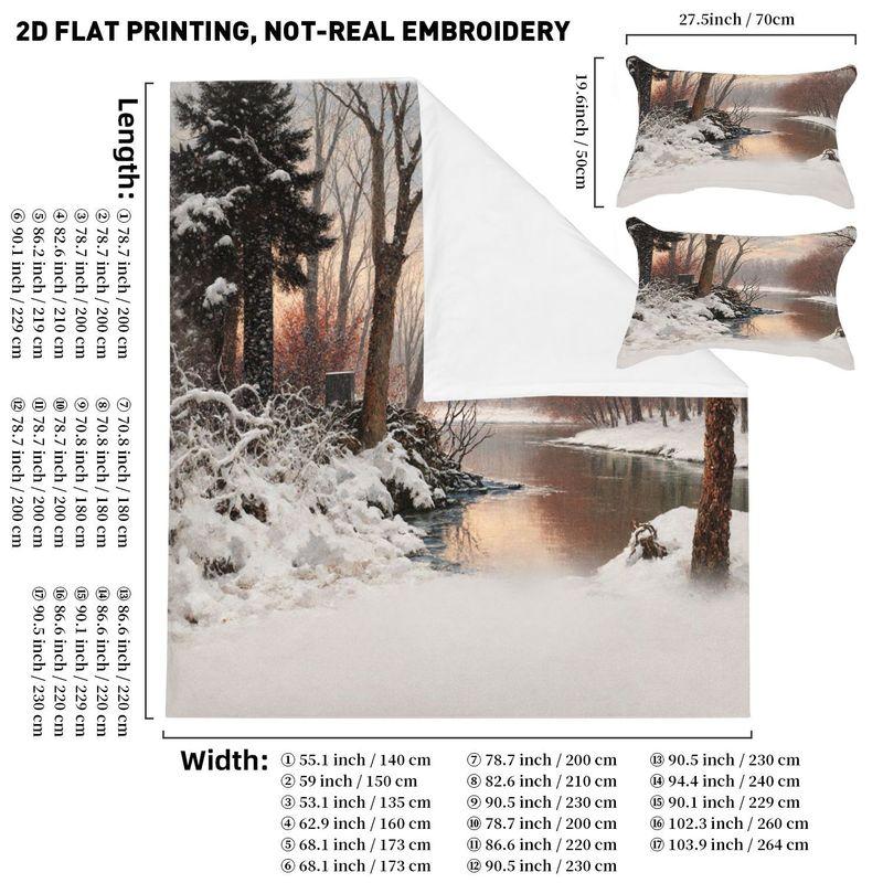 3Pcs Bedding Pillowcase Quilt Cover Set Winter Snow View River Forest Snow View 2D Digital Printing For Bedroom Dormitory Decor
