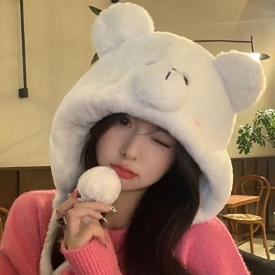 Cute Bear Ears Warm Pullover Hat Autumn and Winter Female Thickened Ear Protection Plush Hat Cycling Cold